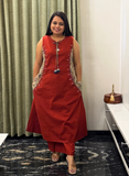 Rust red kurti set with side mirror work detailing