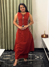 Rust red kurti set with side mirror work detailing