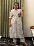 Off White handloom cotton kurti set with mirror hand work patch