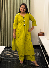 Greenish yellow jamdani cotton kurti set
