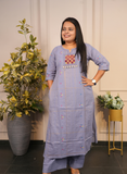 Handloom cotton light purple handwork kurti set