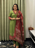 Olive green and red silk dress