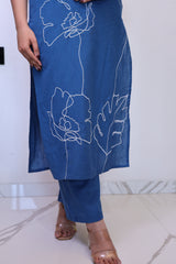 Blue Floral Printed Sleeveless Kurti with Straight Pants – 2 Piece Set