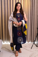 Navy Blue Printed Cotton Kurta Set with Matching Pants & Dupatta – 3 Piece Set