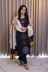Navy Blue Printed Cotton Kurta Set with Matching Pants & Dupatta – 3 Piece Set