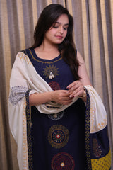 Navy Blue Printed Cotton Kurta Set with Matching Pants & Dupatta – 3 Piece Set