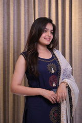 Navy Blue Printed Cotton Kurta Set with Matching Pants & Dupatta – 3 Piece Set