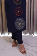 Navy Blue Printed Cotton Kurta Set with Matching Pants & Dupatta – 3 Piece Set