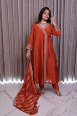 Rust Embellished Silk Kurta Set with Matching Pants & Dupatta – 3 Piece Set