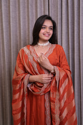 Rust Embellished Silk Kurta Set with Matching Pants & Dupatta β 3 Piece Set