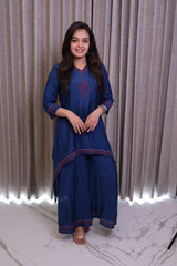 Dark Blue Embroidered Kurti Co-Ord Set with Asymmetric Hem & Wide-Leg Pants