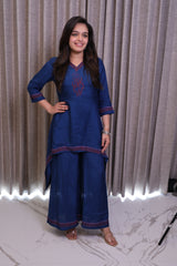 Dark Blue Embroidered Kurti Co-Ord Set with Asymmetric Hem & Wide-Leg Pants