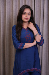 Dark Blue Embroidered Kurti Co-Ord Set with Asymmetric Hem & Wide-Leg Pants