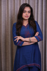 Dark Blue Embroidered Kurti Co-Ord Set with Asymmetric Hem & Wide-Leg Pants