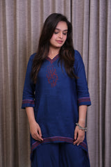 Dark Blue Embroidered Kurti Co-Ord Set with Asymmetric Hem & Wide-Leg Pants