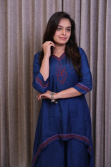 Dark Blue Embroidered Kurti Co-Ord Set with Asymmetric Hem & Wide-Leg Pants