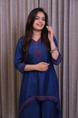 Dark Blue Embroidered Kurti Co-Ord Set with Asymmetric Hem & Wide-Leg Pants