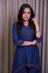 Dark Blue Embroidered Kurti Co-Ord Set with Asymmetric Hem & Wide-Leg Pants