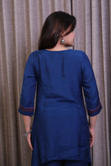 Dark Blue Embroidered Kurti Co-Ord Set with Asymmetric Hem & Wide-Leg Pants