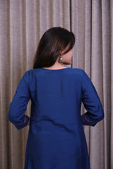 Dark Blue Embroidered Kurti Co-Ord Set with Asymmetric Hem & Wide-Leg Pants