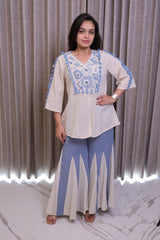 Cream & Blue Embroidered Khadi Cotton Top with Flared Palazzo Co-Ord Set