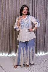 Cream & Blue Embroidered Khadi Cotton Top with Flared Palazzo Co-Ord Set