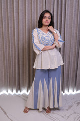 Cream & Blue Embroidered Khadi Cotton Top with Flared Palazzo Co-Ord Set