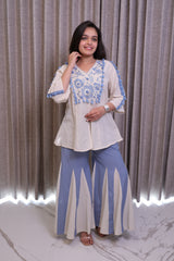 Cream & Blue Embroidered Khadi Cotton Top with Flared Palazzo Co-Ord Set