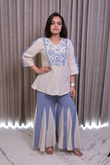 Cream & Blue Embroidered Khadi Cotton Top with Flared Palazzo Co-Ord Set