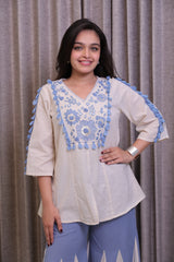 Cream & Blue Embroidered Khadi Cotton Top with Flared Palazzo Co-Ord Set
