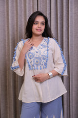 Cream & Blue Embroidered Khadi Cotton Top with Flared Palazzo Co-Ord Set