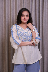 Cream & Blue Embroidered Khadi Cotton Top with Flared Palazzo Co-Ord Set