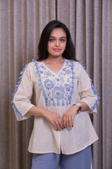 Cream & Blue Embroidered Khadi Cotton Top with Flared Palazzo Co-Ord Set