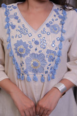 Cream & Blue Embroidered Khadi Cotton Top with Flared Palazzo Co-Ord Set