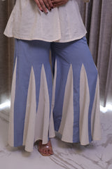 Cream & Blue Embroidered Khadi Cotton Top with Flared Palazzo Co-Ord Set