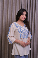Cream & Blue Embroidered Khadi Cotton Top with Flared Palazzo Co-Ord Set