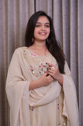 Champagne Off White Hand-Embellished Silk Salwar Suit Set