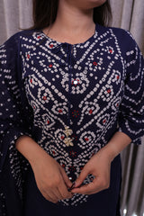 Dark Blue Cotton Bandhani Print Kurta Set with Pants & Dupatta – 3 Piece Set