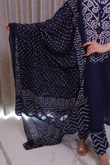 Dark Blue Cotton Bandhani Print Kurta Set with Pants & Dupatta – 3 Piece Set