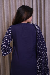 Dark Blue Cotton Bandhani Print Kurta Set with Pants & Dupatta – 3 Piece Set