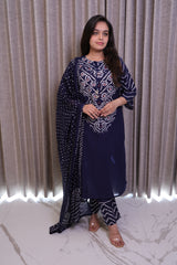Dark Blue Cotton Bandhani Print Kurta Set with Pants & Dupatta – 3 Piece Set