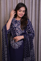 Dark Blue Cotton Bandhani Print Kurta Set with Pants & Dupatta – 3 Piece Set