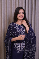 Dark Blue Cotton Bandhani Print Kurta Set with Pants & Dupatta β 3 Piece Set