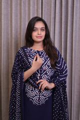 Dark Blue Cotton Bandhani Print Kurta Set with Pants & Dupatta – 3 Piece Set