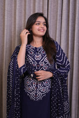 Dark Blue Cotton Bandhani Print Kurta Set with Pants & Dupatta – 3 Piece Set
