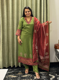 Olive green and red silk dress