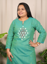 Handloom cotton peacock green with handwork detailing dress