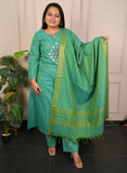 Handloom cotton peacock green with handwork detailing dress