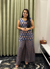 Blue sleaveless co-ord set with plazo
