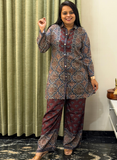 Maroon & Navy Blue Aajrakh print crape silk co-ord set